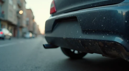 Immagine concettuale di un paraurti posteriore usato per auto in un contesto urbano, evidenziando dettagli e materiale