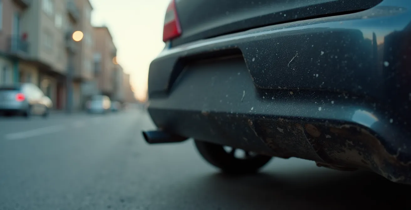 Immagine concettuale di un paraurti posteriore usato per auto in un contesto urbano, evidenziando dettagli e materiale