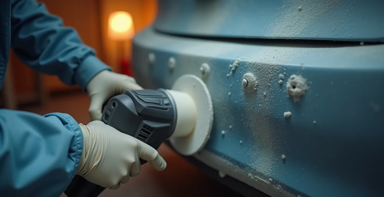 Immagine macro del processo di preparazione di un paraurti usato per verniciatura e montaggio
