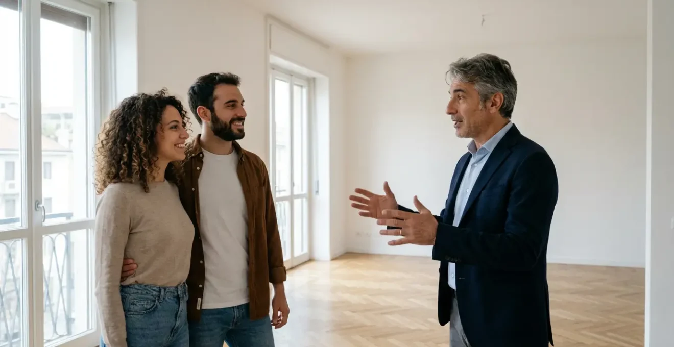 Agente immobiliare italiano mostra appartamento luminoso a giovane coppia