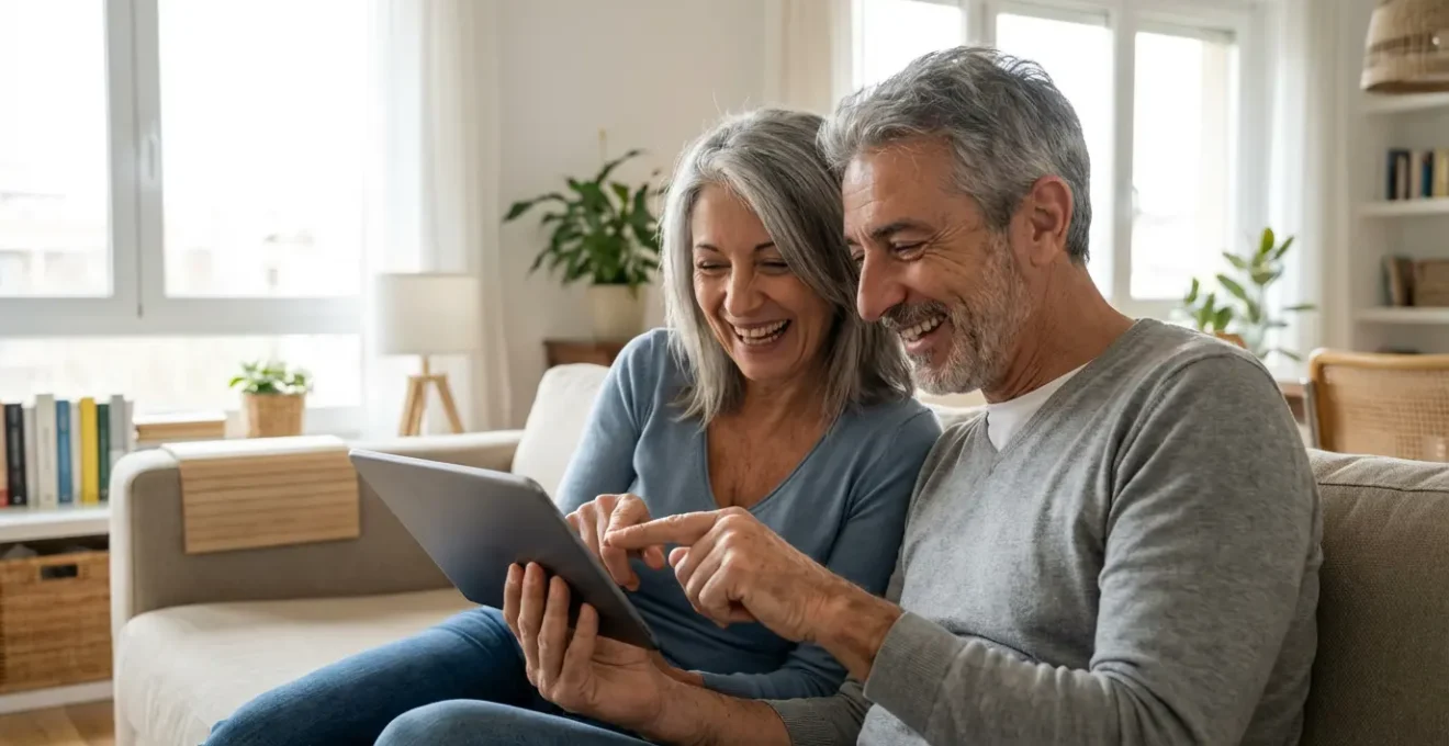 Coppia italiana consulta valutazione immobiliare su tablet nel proprio appartamento luminoso