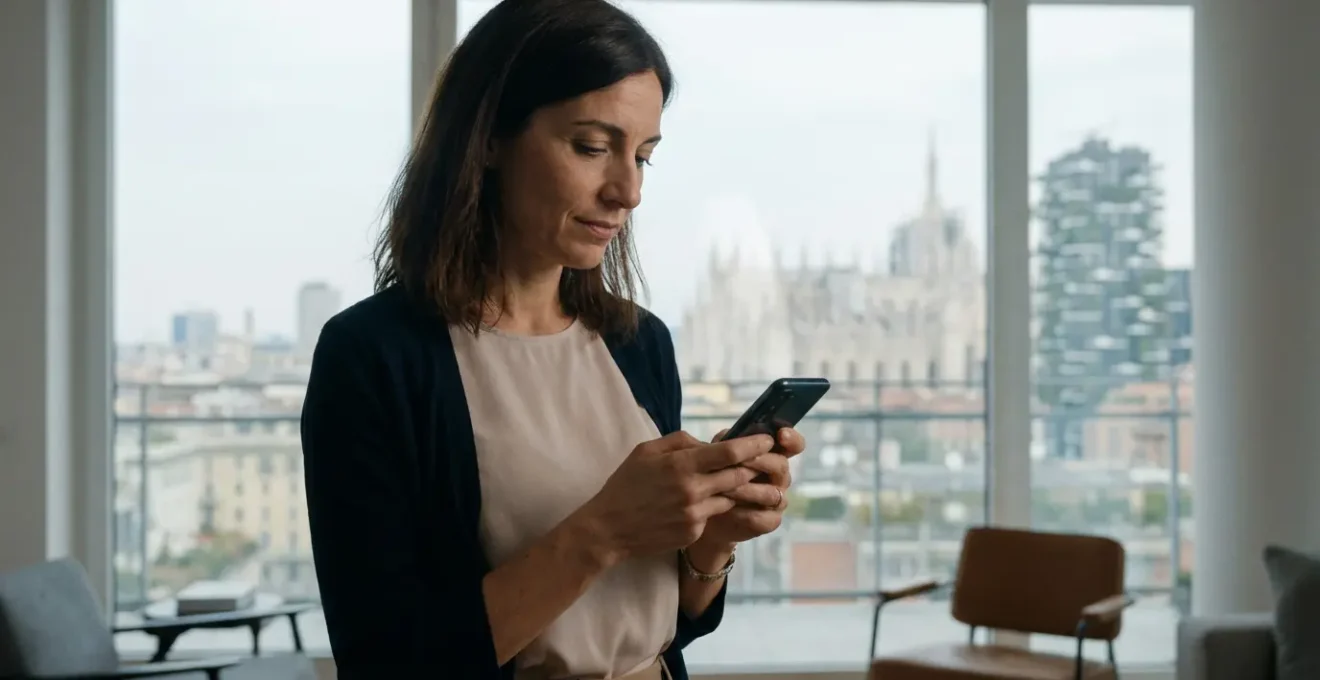 Donna professionista utilizza smartphone per valutazione immobiliare in appartamento moderno